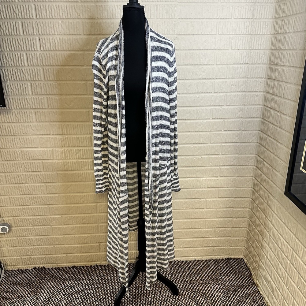 Free People Striped Longline Open Front Cardigan Duster Navy White Sz S Flowy